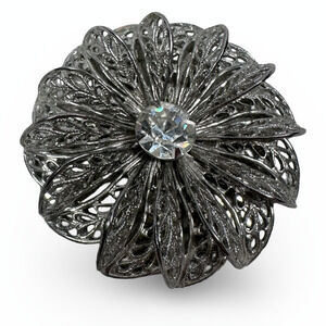 Vintage Floral Filigree Dress Clip Silver Tone Metal Clear Center Stone Jewelry